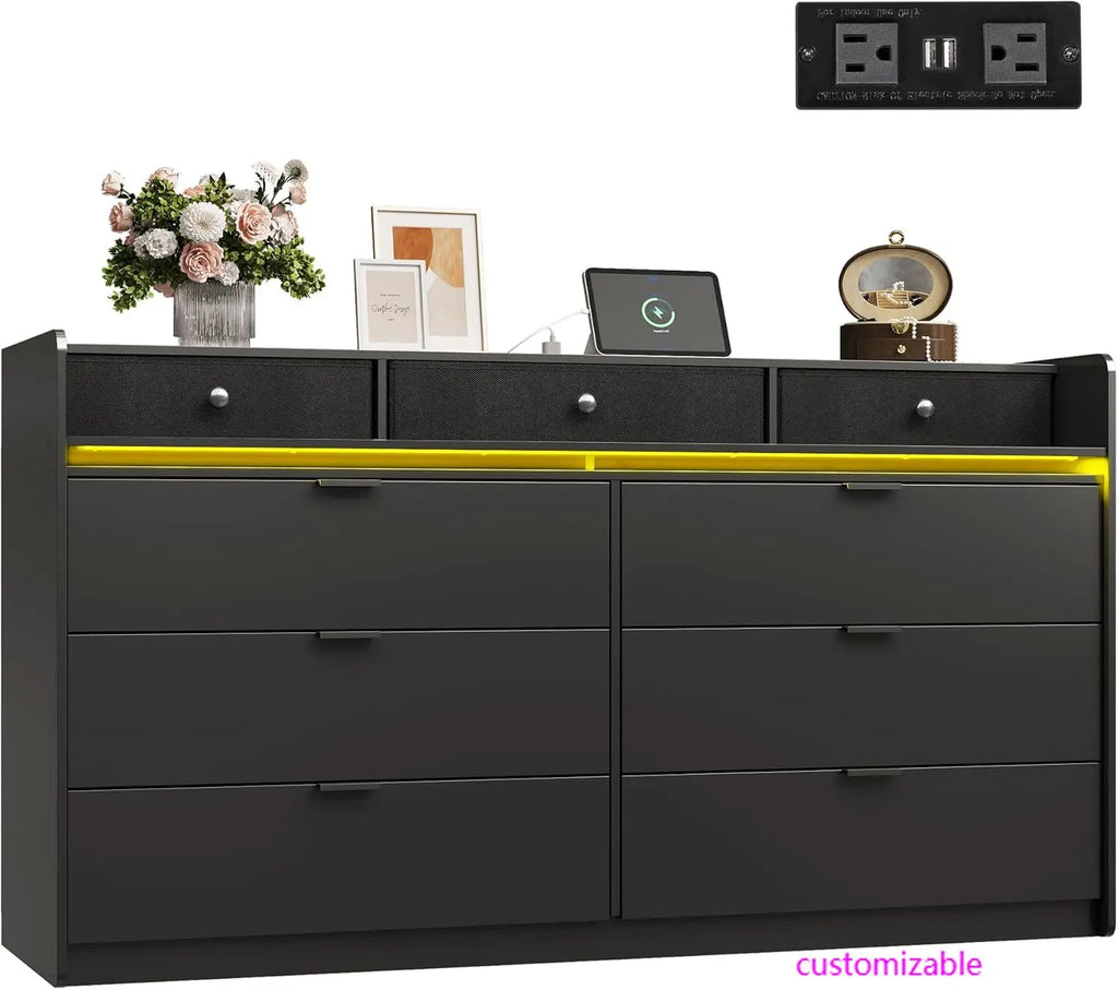 9 Drawer Led Dresser for Living/ Bedroom, Black Wood with Power Outlets for 65'' TV,