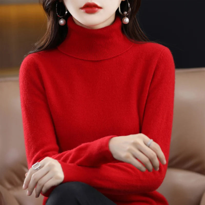 100% Merino Wool Cashmere Sweater Women Knitted Sweater Turtleneck, Long Sleeve Pullovers Autumn/ Winter Clothing