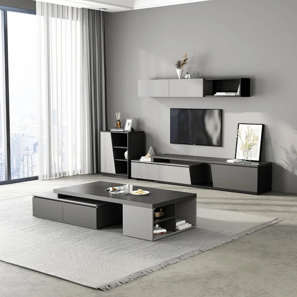 Extendable Modern Coffee Table with Large Storage Drawers, Black & Grey