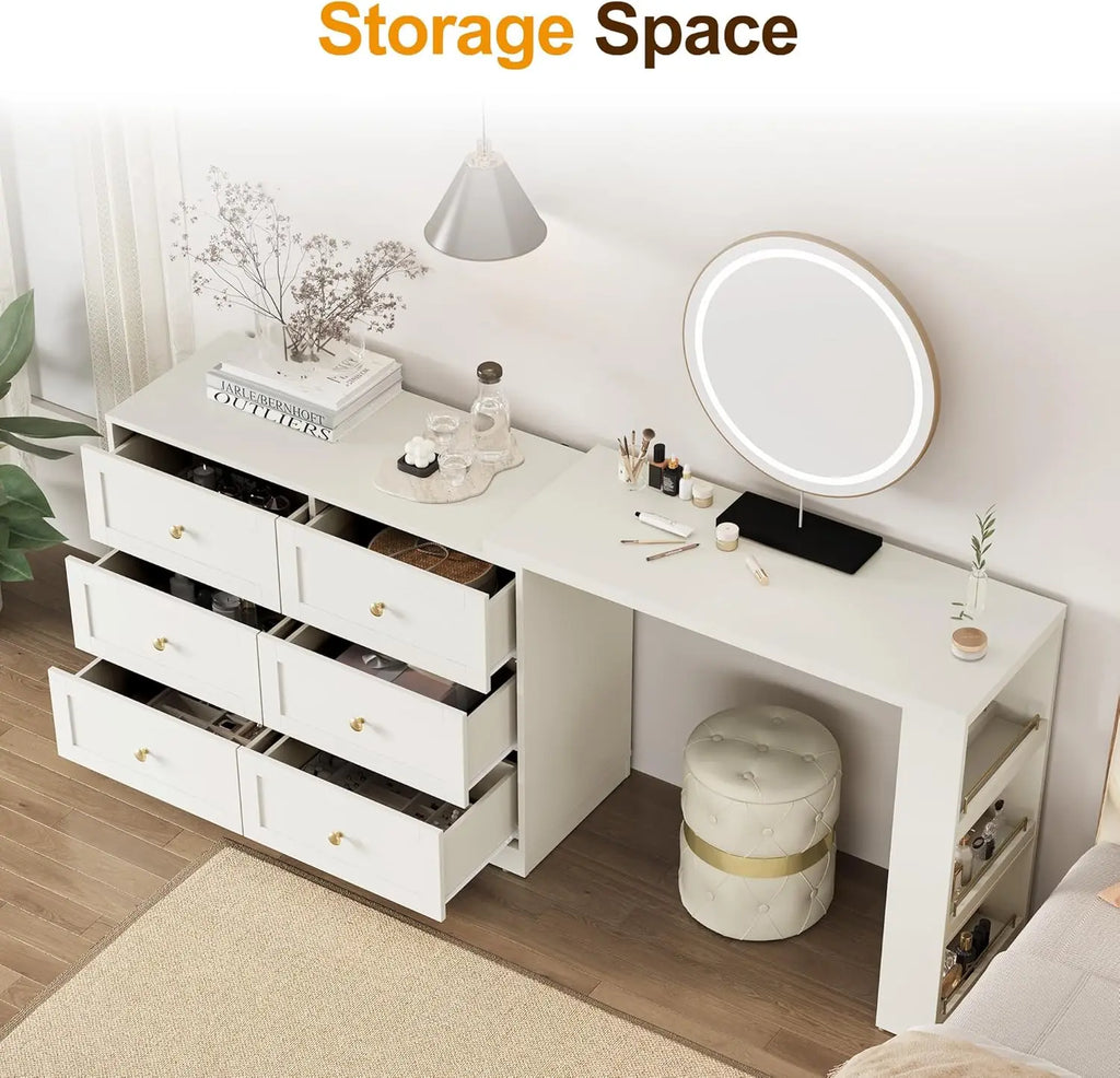 Vanity Desk and Dresser Combo, 76" L Extendable Big Makeup Vainty with 6 Drawer Dresser and 3 Side Shelves, White