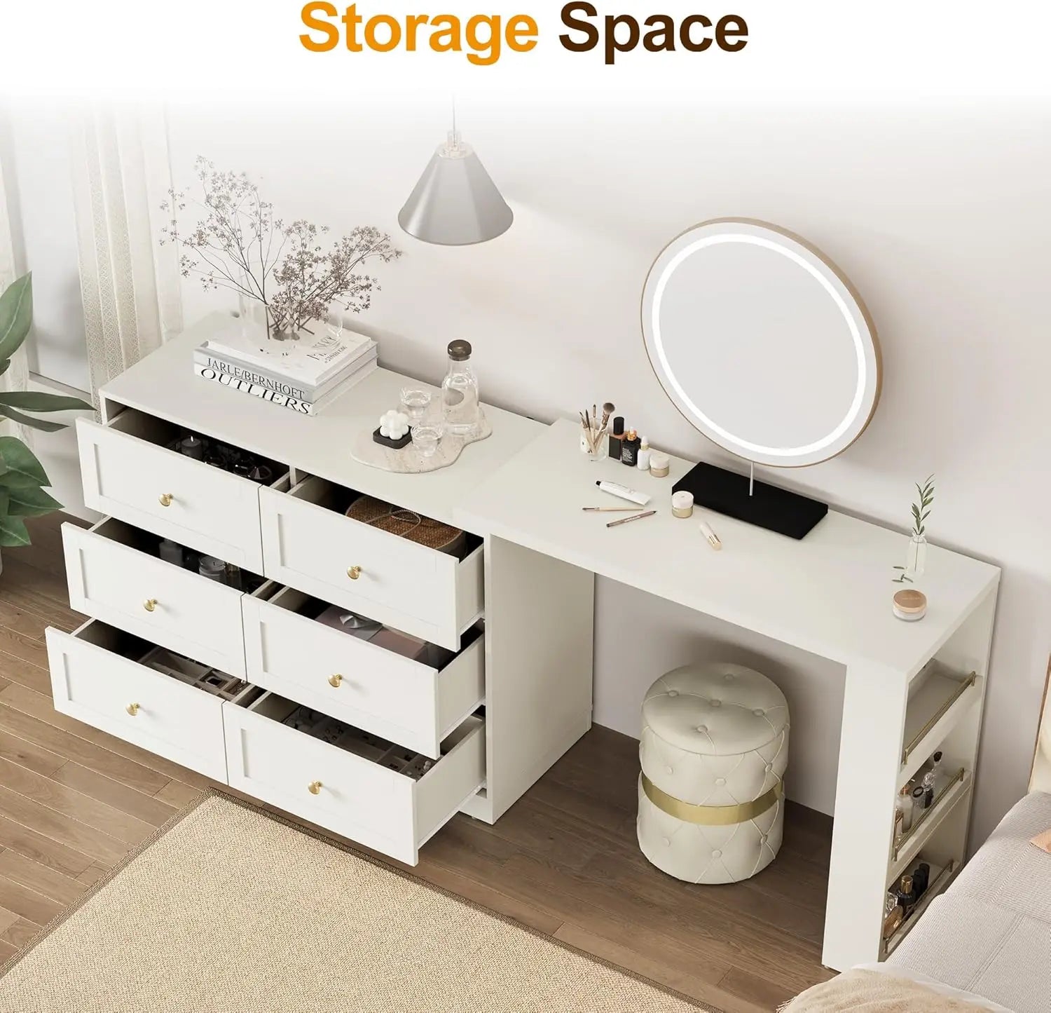 Vanity Desk and Dresser Combo, 76" L Extendable Big Makeup Vainty with 6 Drawer Dresser and 3 Side Shelves, White