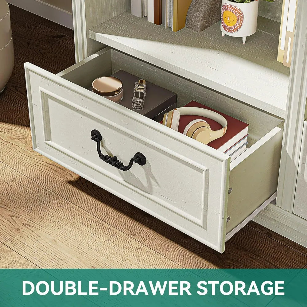 Vintage 70" High 8-Tier Bookshelf with Arched Shelves, Drawers, Roman Columns, and Classic Carved Style