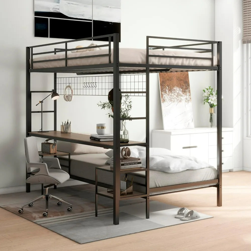 Twin-Over-Full Bunk Bed with Desk, Loft Bed with Desk and Storage, Metal Twin Bunk Beds with Charging Station