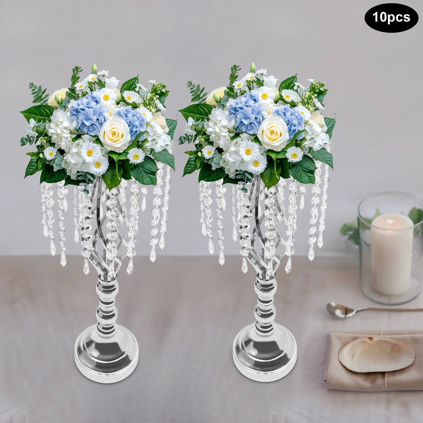 10 Pcs Crystal Flower Stand, Wedding Party Decor Flower Arrangement Stand，21.7in/55cm Tall Elegant Tabletop/Metal Flower Vase