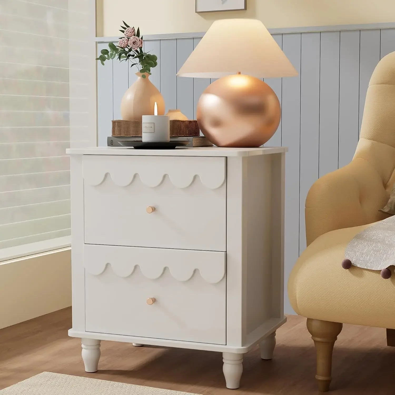 Nightstand Side End Table with 2 Drawers, Modern Wood with Petal Pattern for Bedroom