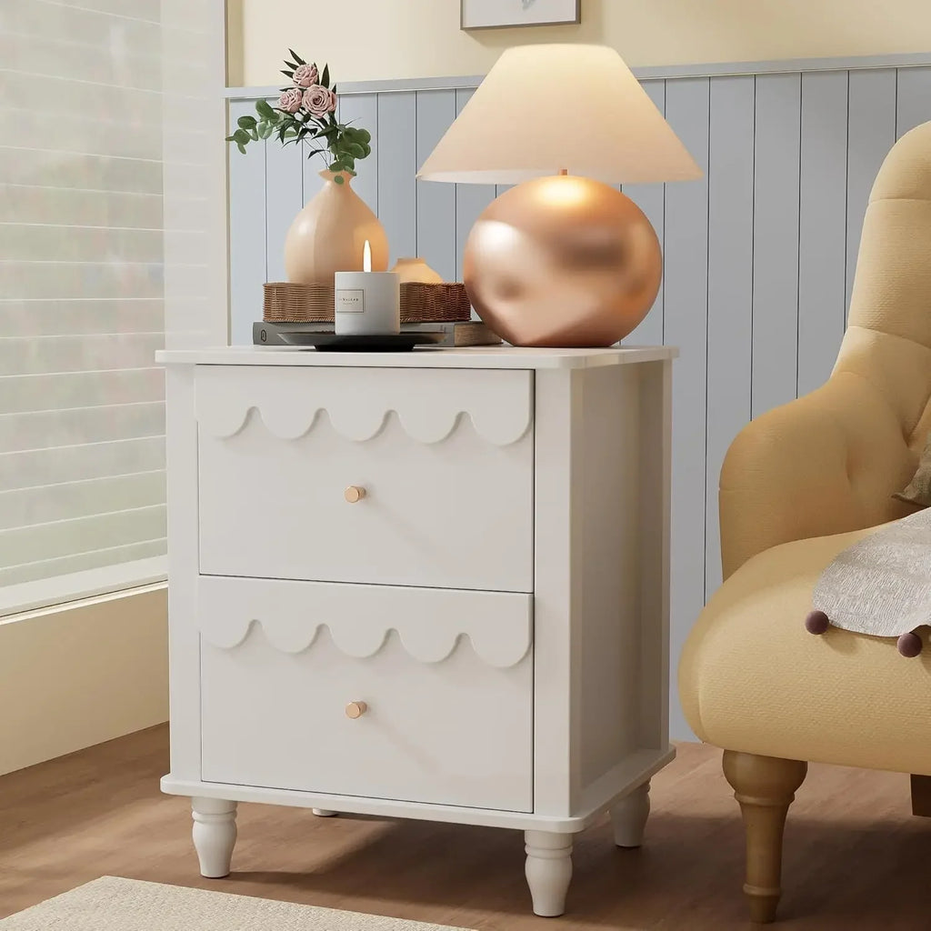 Nightstand Side End Table with 2 Drawers, Modern Wood with Petal Pattern for Bedroom