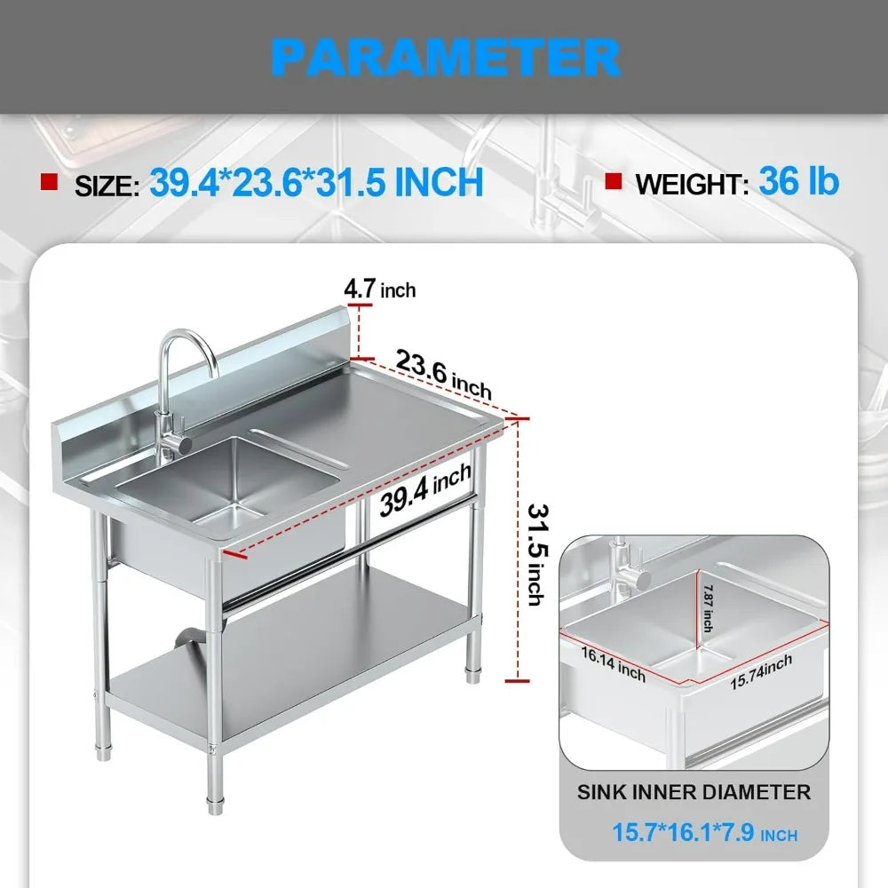Stainless Steel Freestanding Laundry Sink with Single Bowl, Hot/Cold Water Connections, Workbench, and Storage