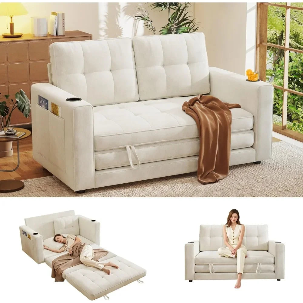 55" Convertible Sofa Bed Pull out Couch Love Seat Sleeper Bed Small Fold out Sofa with Cup Holder Home Living Room Furniture