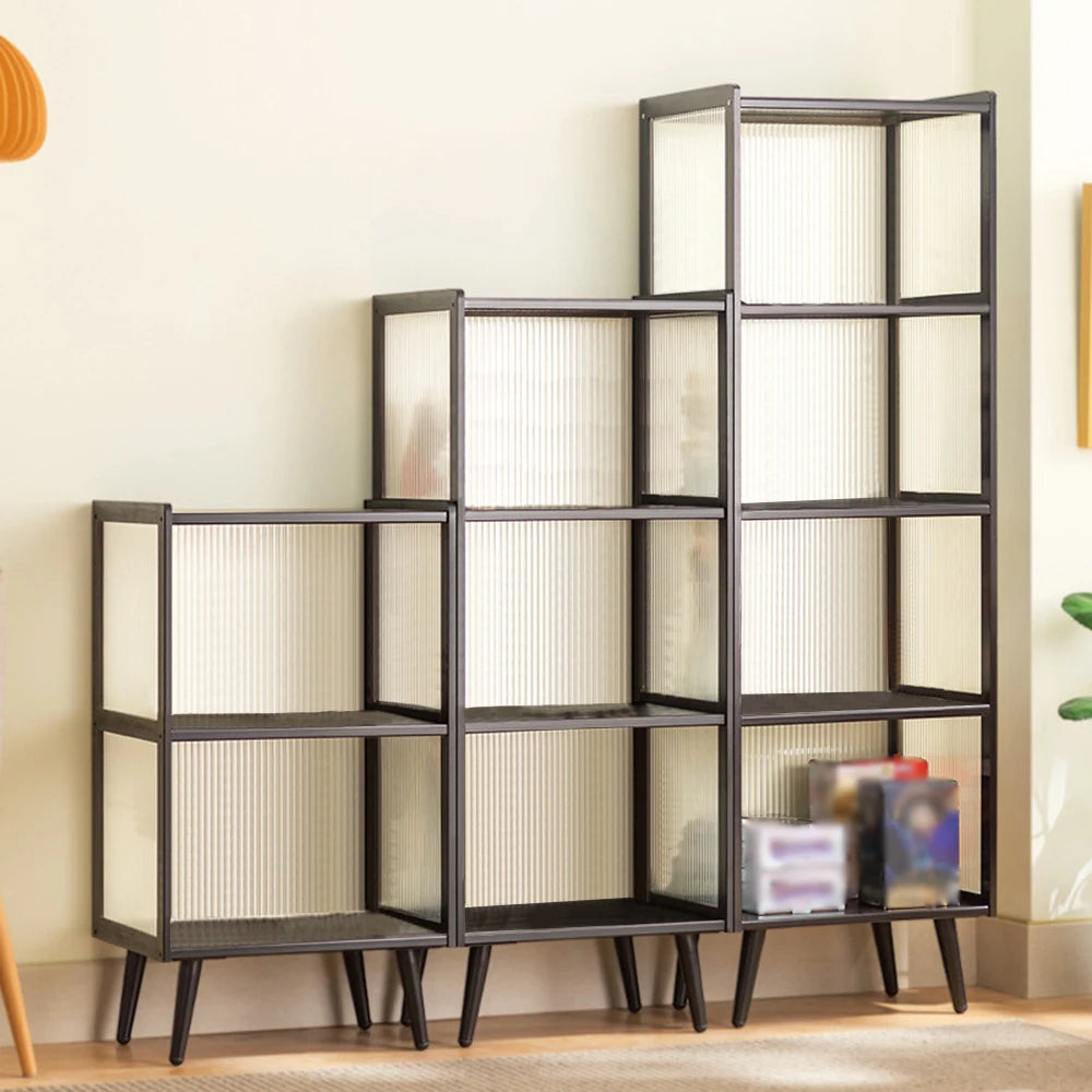 4-Tier Black Metal Display Cabinet with Fluted Acrylic Doors/ Stackable Dustproof Figurine/ Collectibles Showcase Open/Closed Combo Bookshelf Freestanding Toy Figure Storage Shelf for Living Room Home Decor