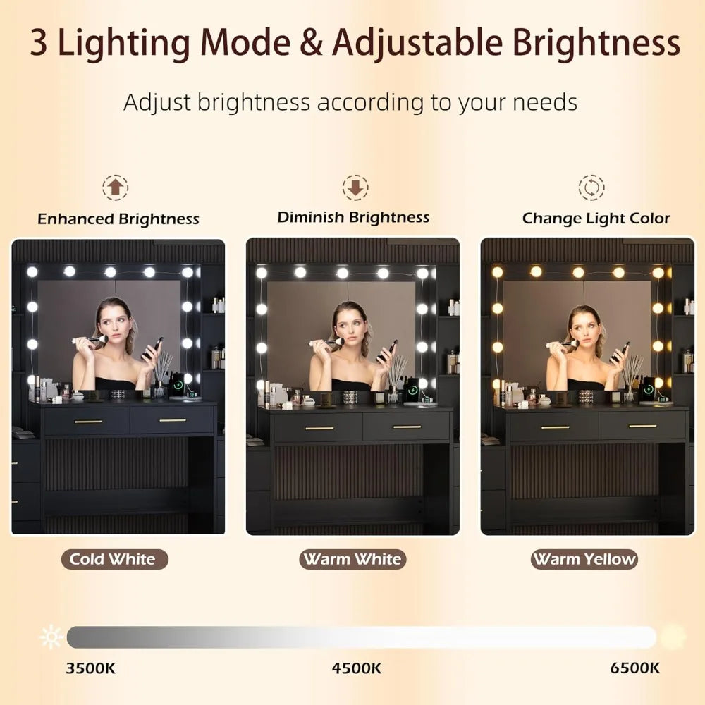 Illuminated Makeup Desk with 58.3" Mirror, Charging Station, and Storage for Beauty Essentials