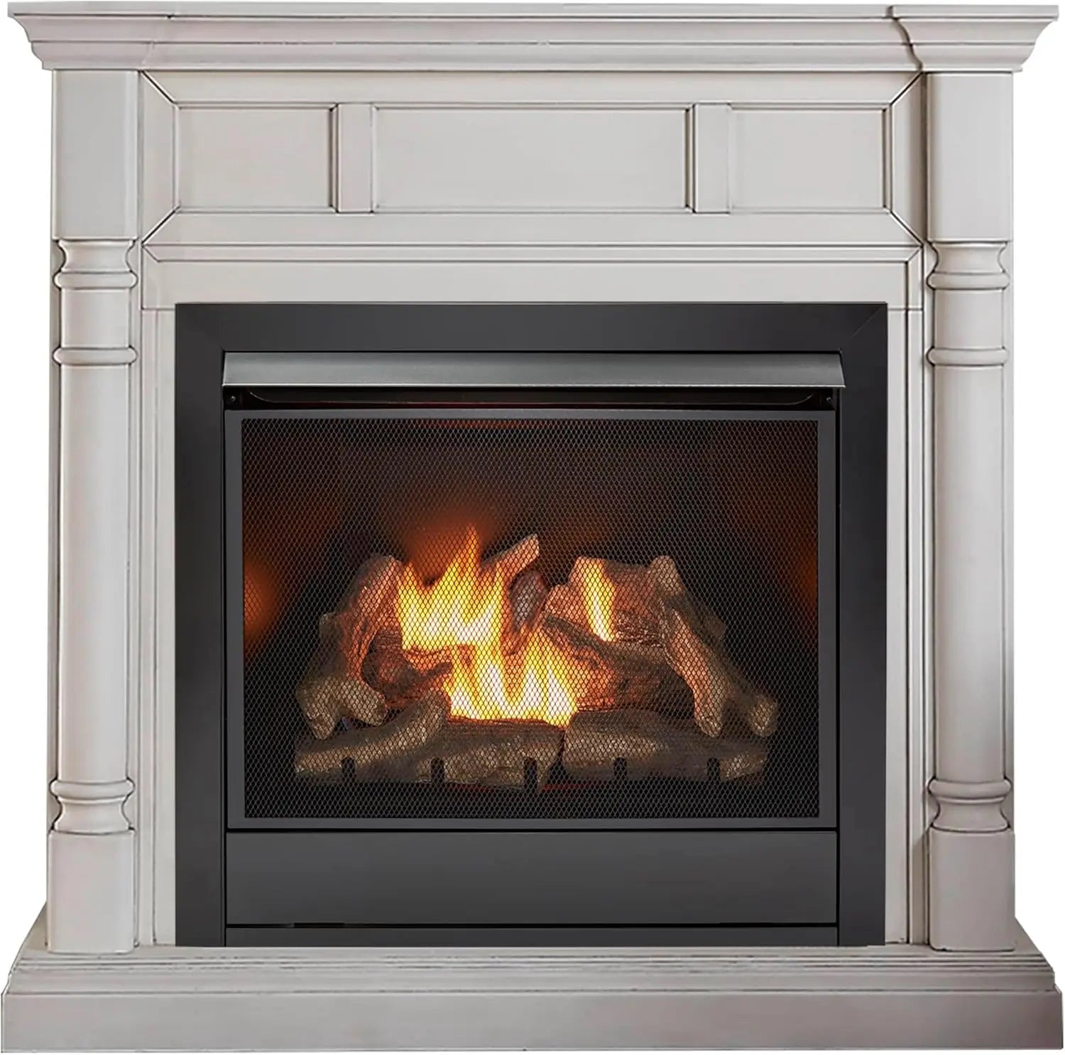 Dual Fuel Ventless Gas Fireplace System with Mantle, Remote Control, 9 Fire Logs, Use with Natural Gas or Liquid Propane