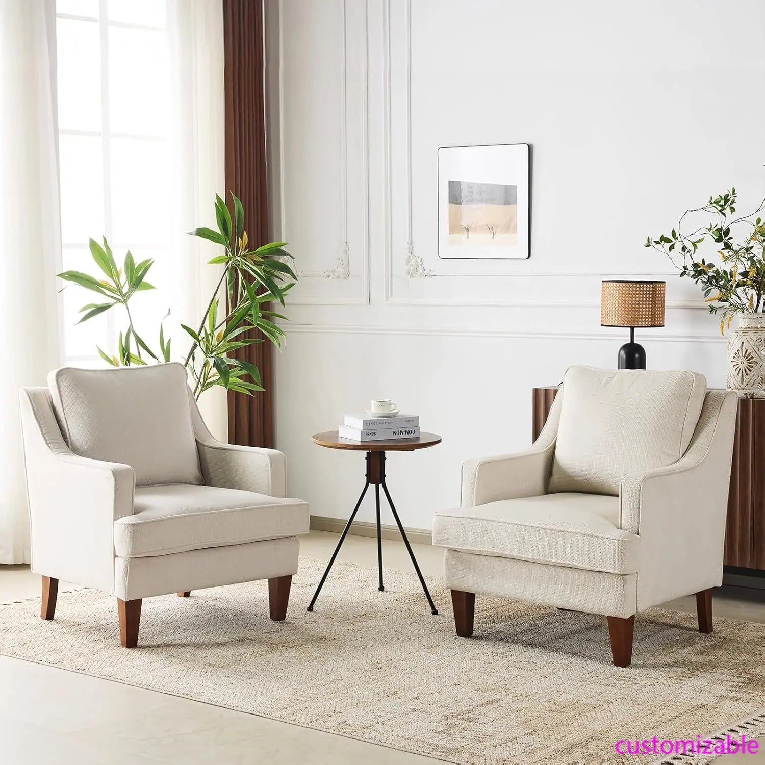 Mid-Century Accent Chairs Set Of 2, Beige Upholstered Armchair Comfy Sofa Chairs for Reading, Chairs have High Backs