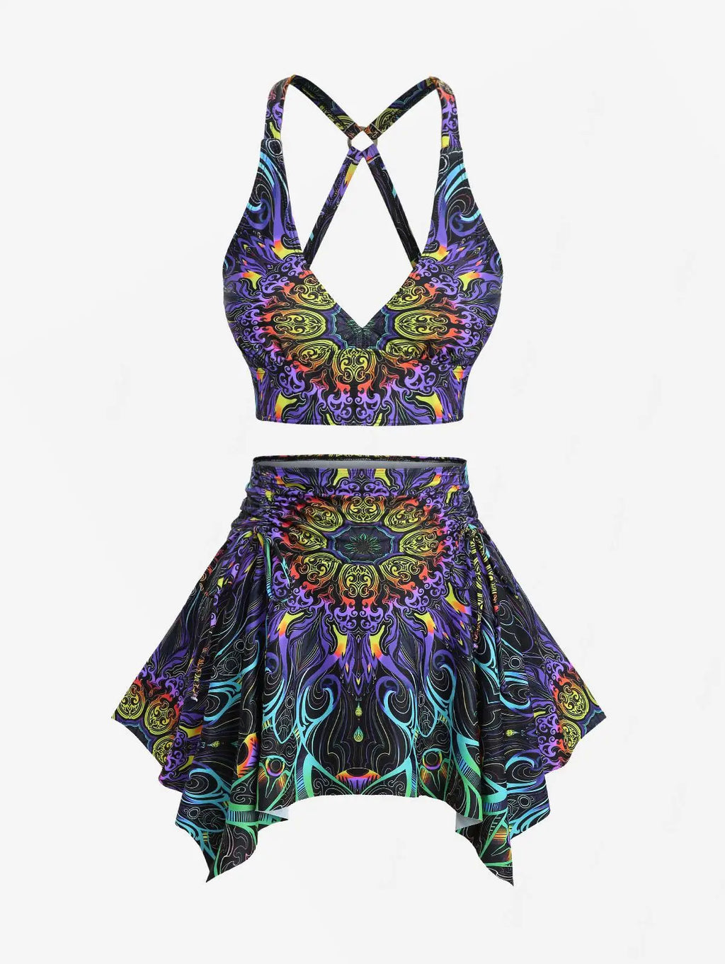 ROSEGAL Plus Size Tankini Swimsuit/ Two Pieces Floral Retro Pattern Printed Crisscross  Skirted Swimwear