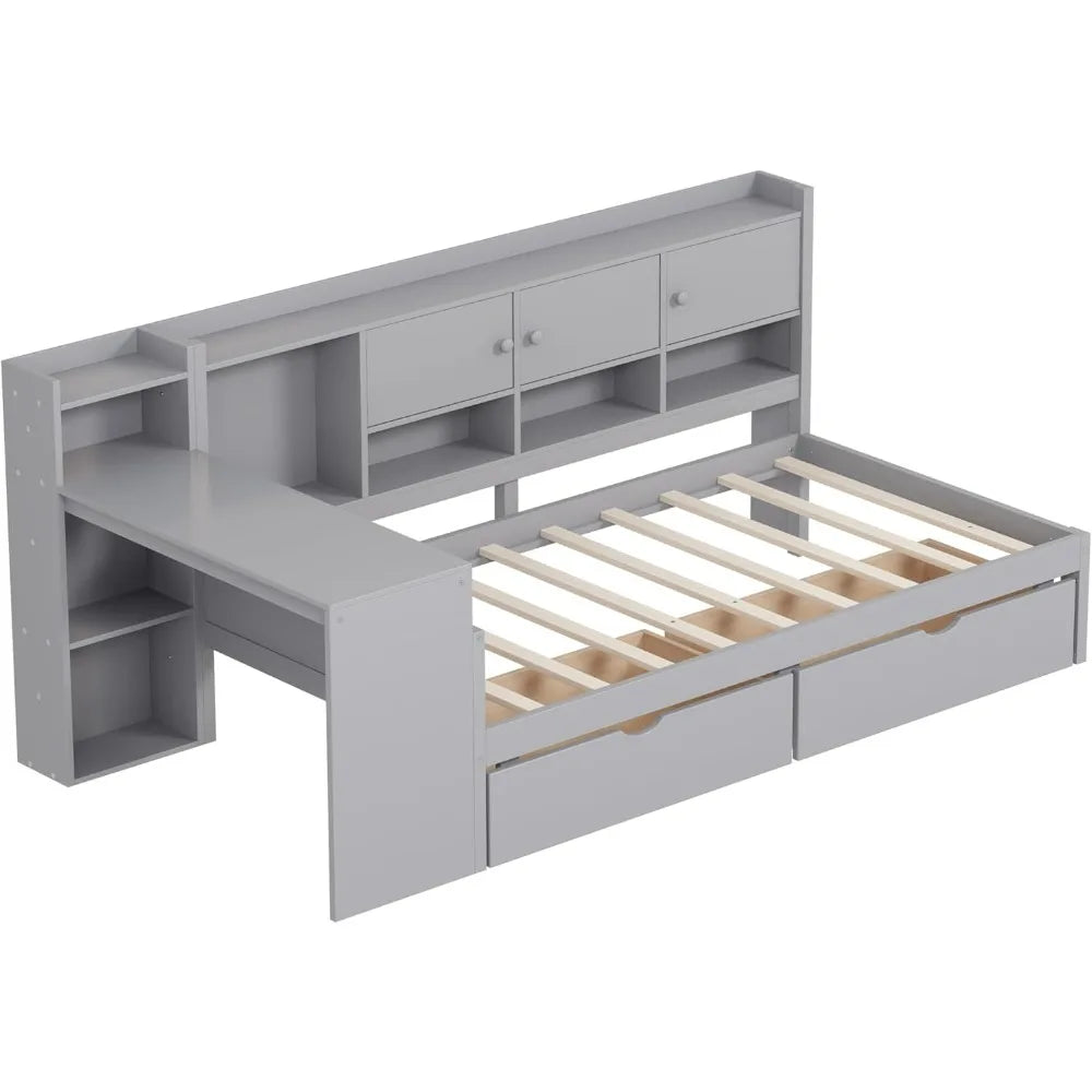L-Shaped Wooden Daybed with Storage, Desk, and Bookshelf for Twin-Size Multi-Functional Use