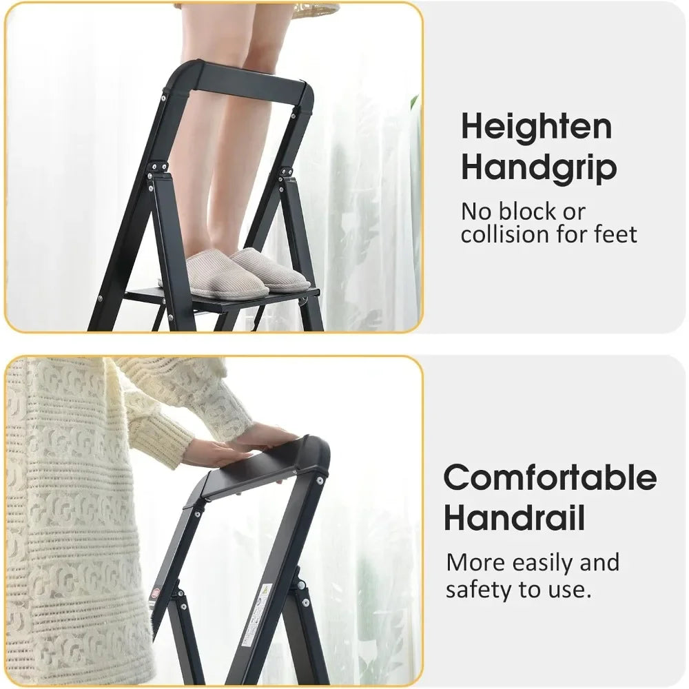 Customizable-Aluminum 3 Step Ladder, Lightweight Step Stool With Non-Slip Pedals, Handrail, 330 LBS Foldable Step Ladder