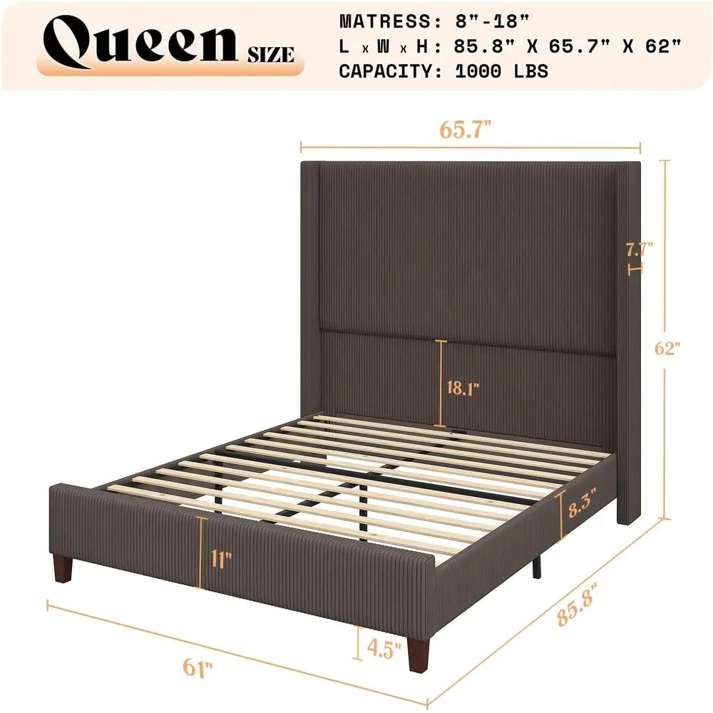 Chestnut 62 Corduroy Platform Bed Frame with Tall Wingback Headboard, No Box Spring Needed
