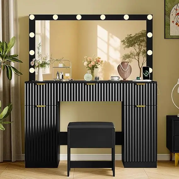 Vanity Desk with Large 42" Mirror and Lights, White Fluted Makeup Table Set with Storage Drawers, Power Outlet & Stool