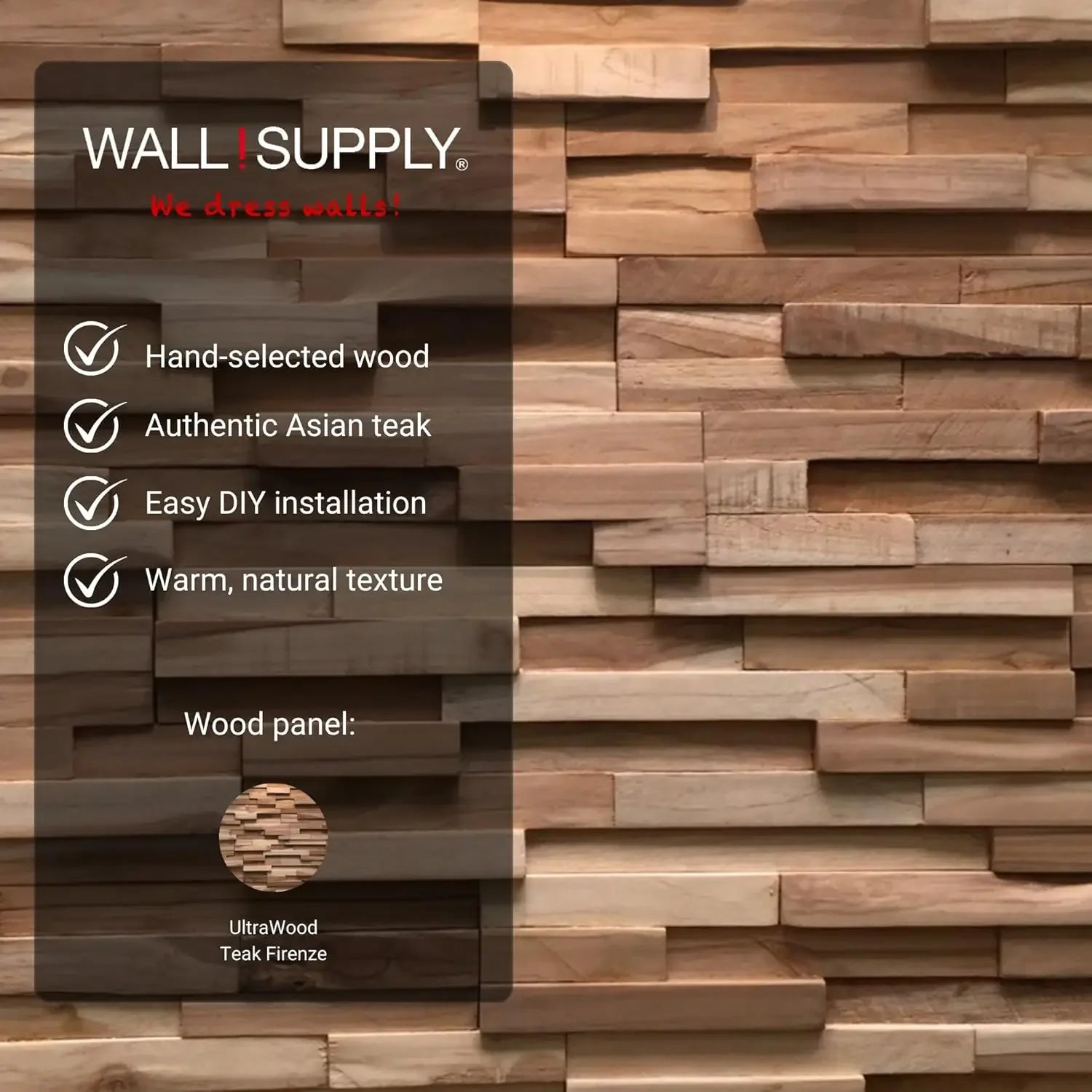 NEW UltraWood Firenze Reclaimed Teak Wood 3D Wall Panels - Home Decor Wallpaper Alterantive for Living Room, Bedroom