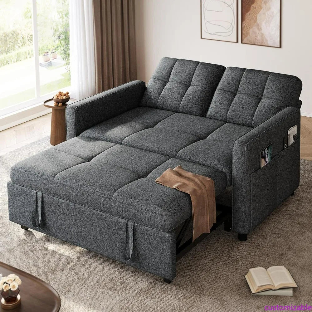 55" Convertible Sofa Bed, 3-in-1 Sleeper Sofa with Pull-Out Bed, Linen Futon Couch with Adjustable Backrest/Side Pocket