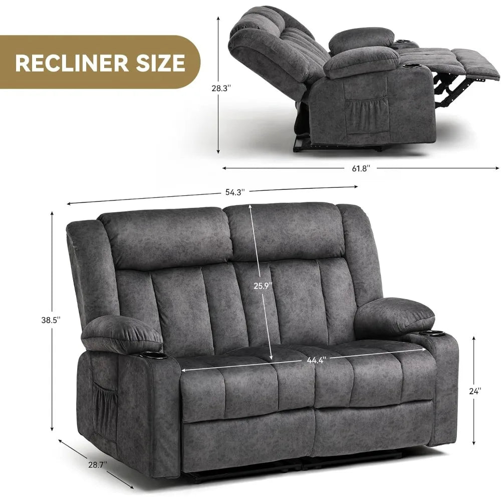 Manual Recliner Couch, Fabric Reclining Sofa Chair with Cup Holders, Upholstered Recliner Chair Set with Side Pockets Storage