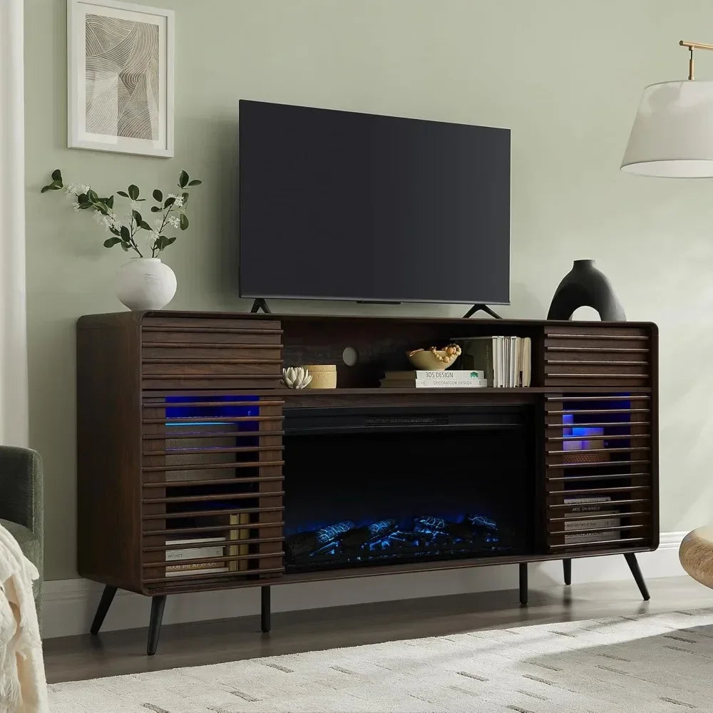 Fireplace TV Stand for 80" TV, Mid Century Modern Entertainment Center with 36" Electric Fireplace & Led Lights, Wood Media