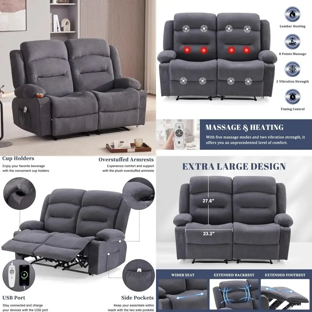 Spacious Two-Person Reclining Loveseat with Heating and Massage, Compact Recliner Sofa with Drink Holders and USB Charging