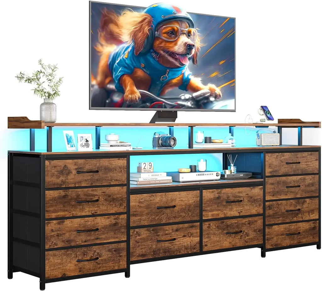 Entertainment Center with LED Lights & Power Outlets, 12 Drawers/ TV Stand Dresser for 65/70" TV, 63" Large LED TV Stand