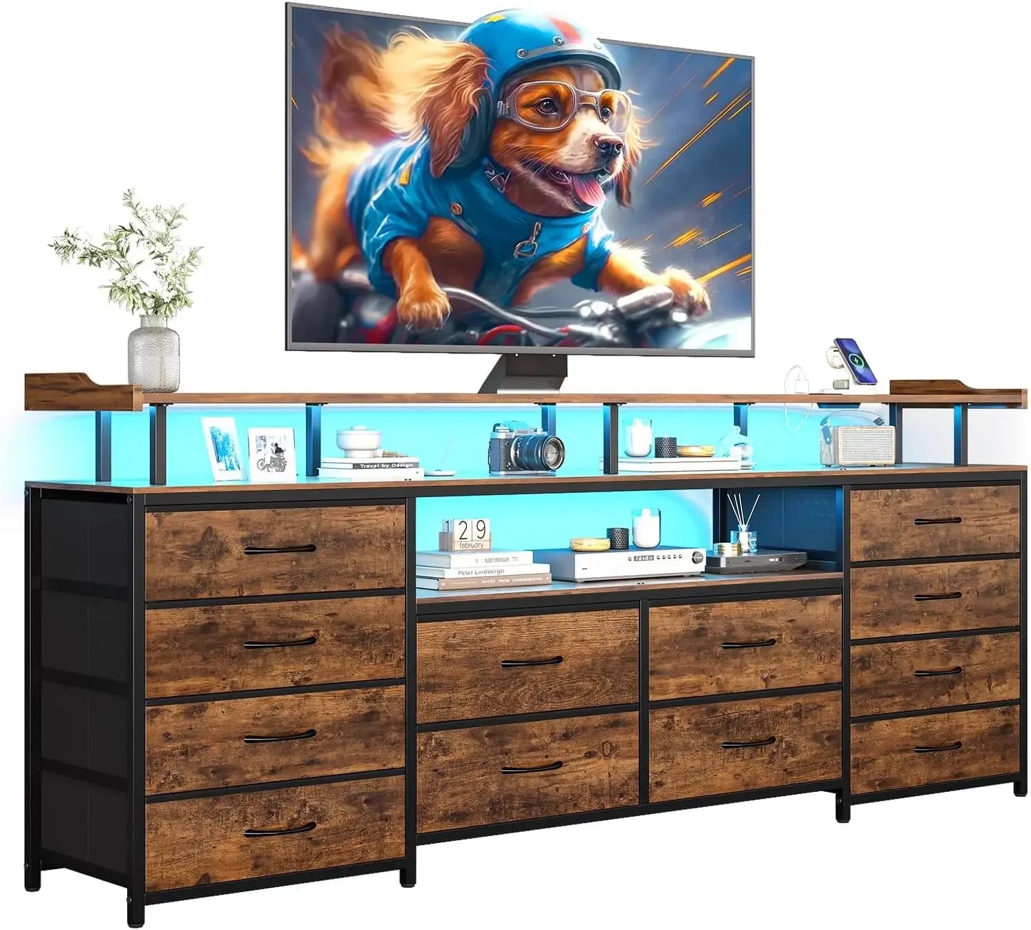 Entertainment Center with LED Lights & Power Outlets, 12 Drawers/ TV Stand Dresser for 65/70" TV, 63" Large LED TV Stand