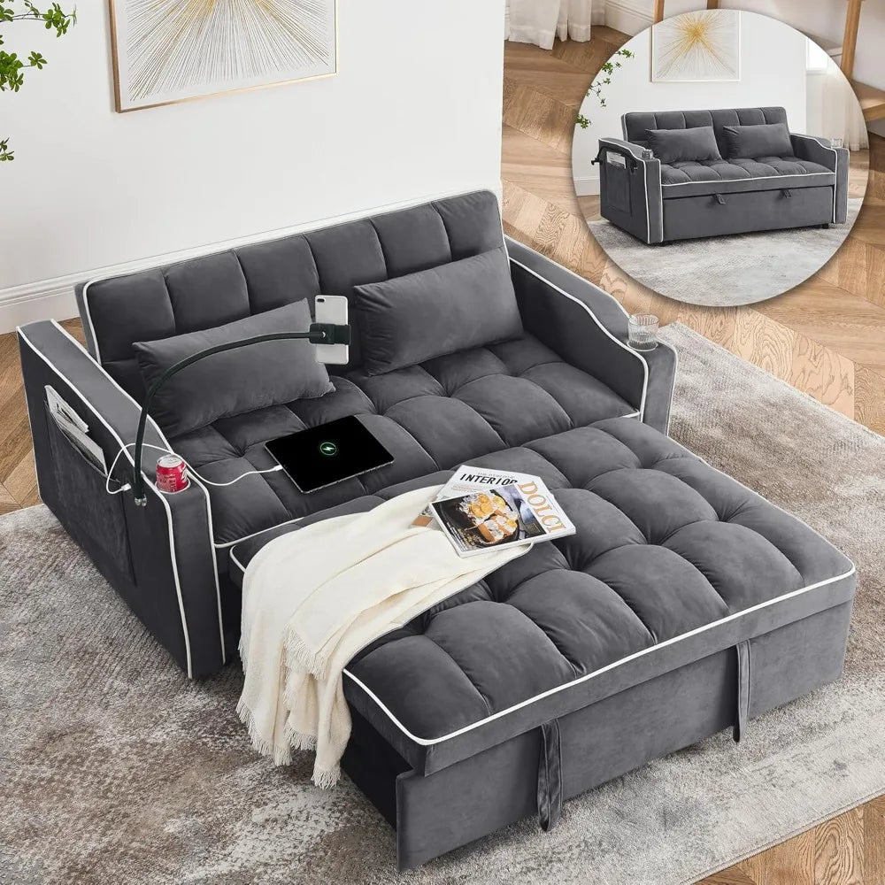 Convertible Sofa Bed, Sleeper Sofa with Side Pocket, Adjustable Backrest, Living Room Sofa with Phone Holder, Pull Out Couch