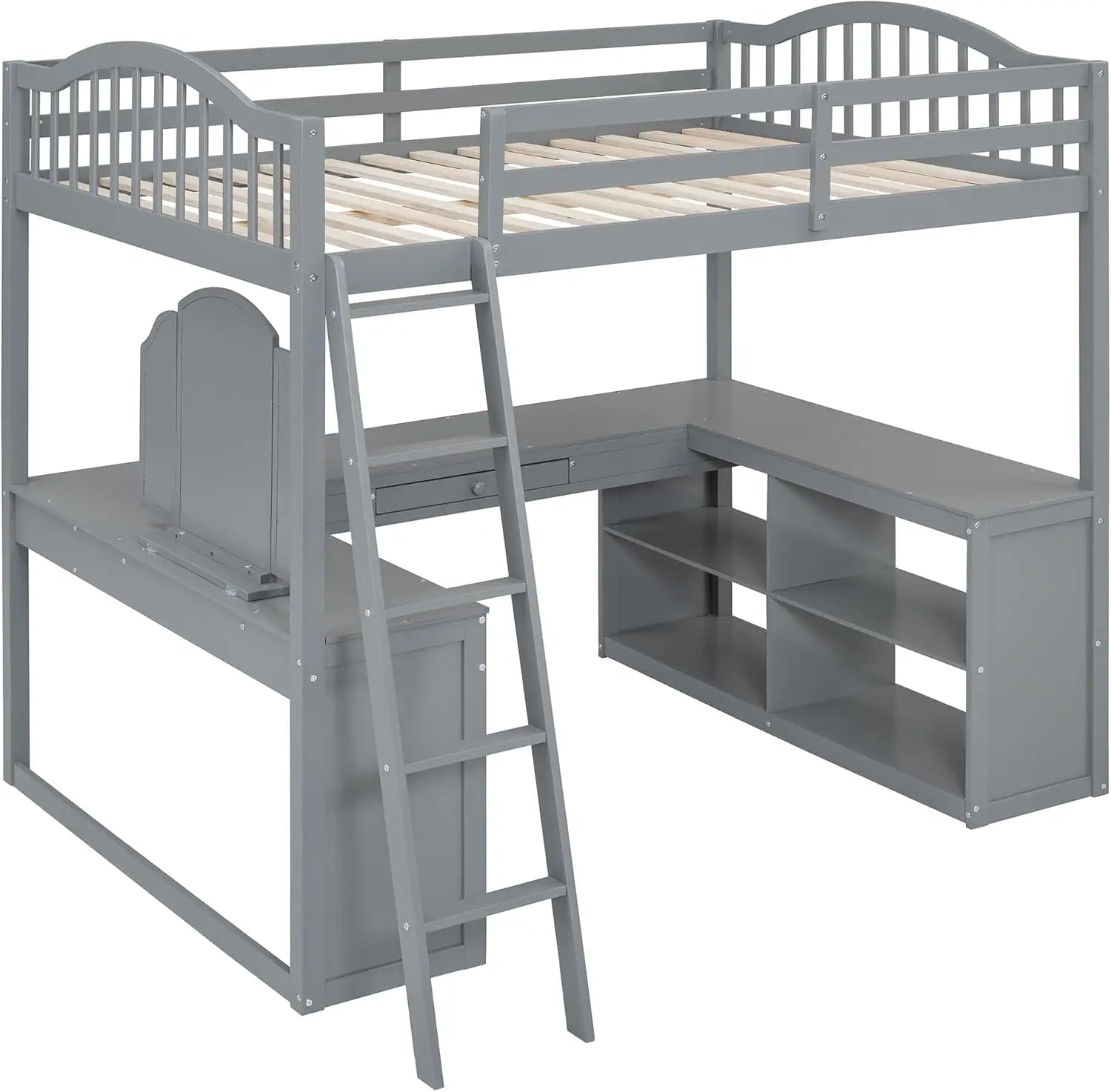 Full Size Loft Bed with U-Shaped Desk, Storage Shelves, Tri-Fold Mirror for Kids Teens (Gray)
