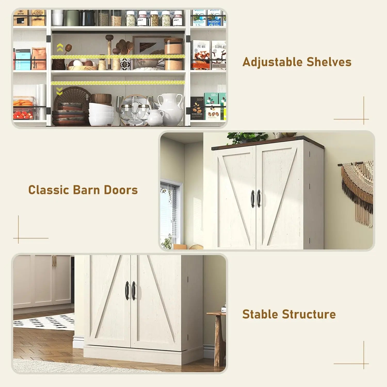 Farmhouse Kitchen Pantry Cabinet, 71" Tall Storage Cabinet with Adjustable Shelves & 4 Barn Doors & Drawer, Rustic Wood