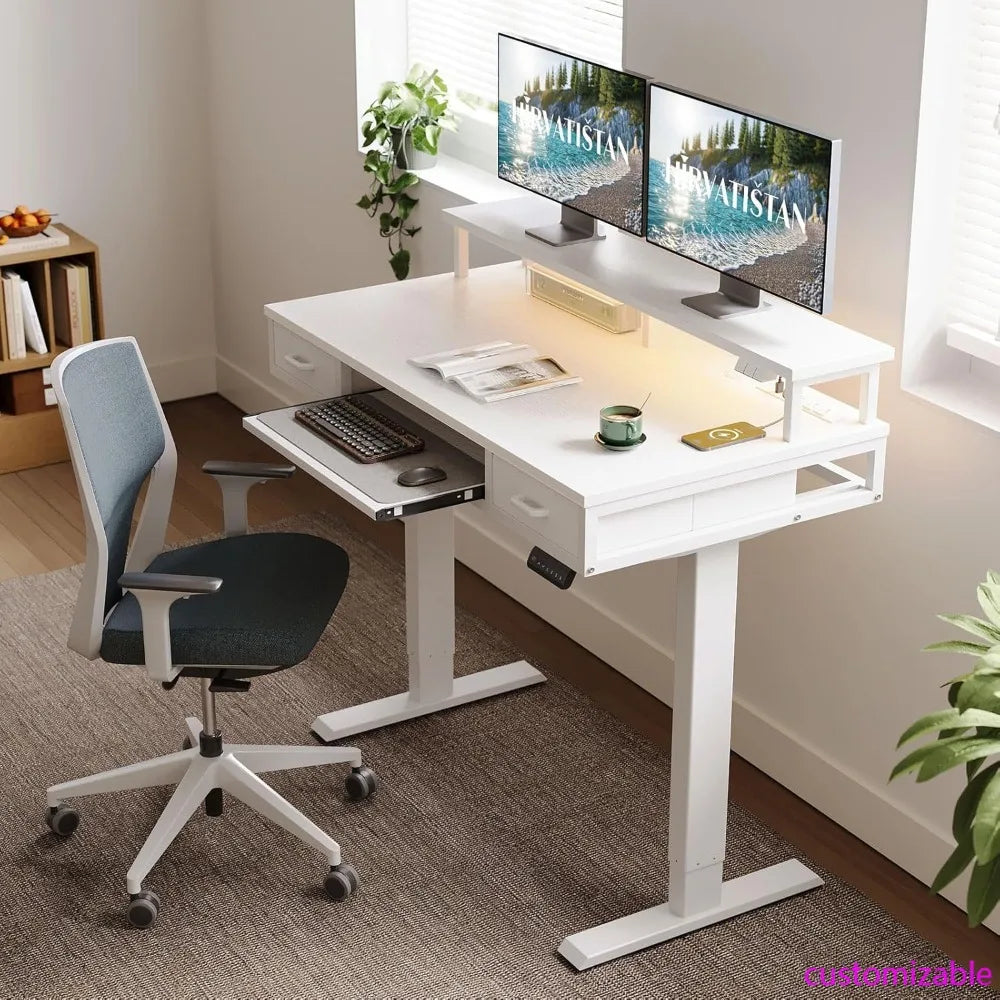 Electric Standing Desk with Drawers & Keyboard Tray, 47 Inch Height Adjustable Small Gaming Desk with Power Outlets & LED Light