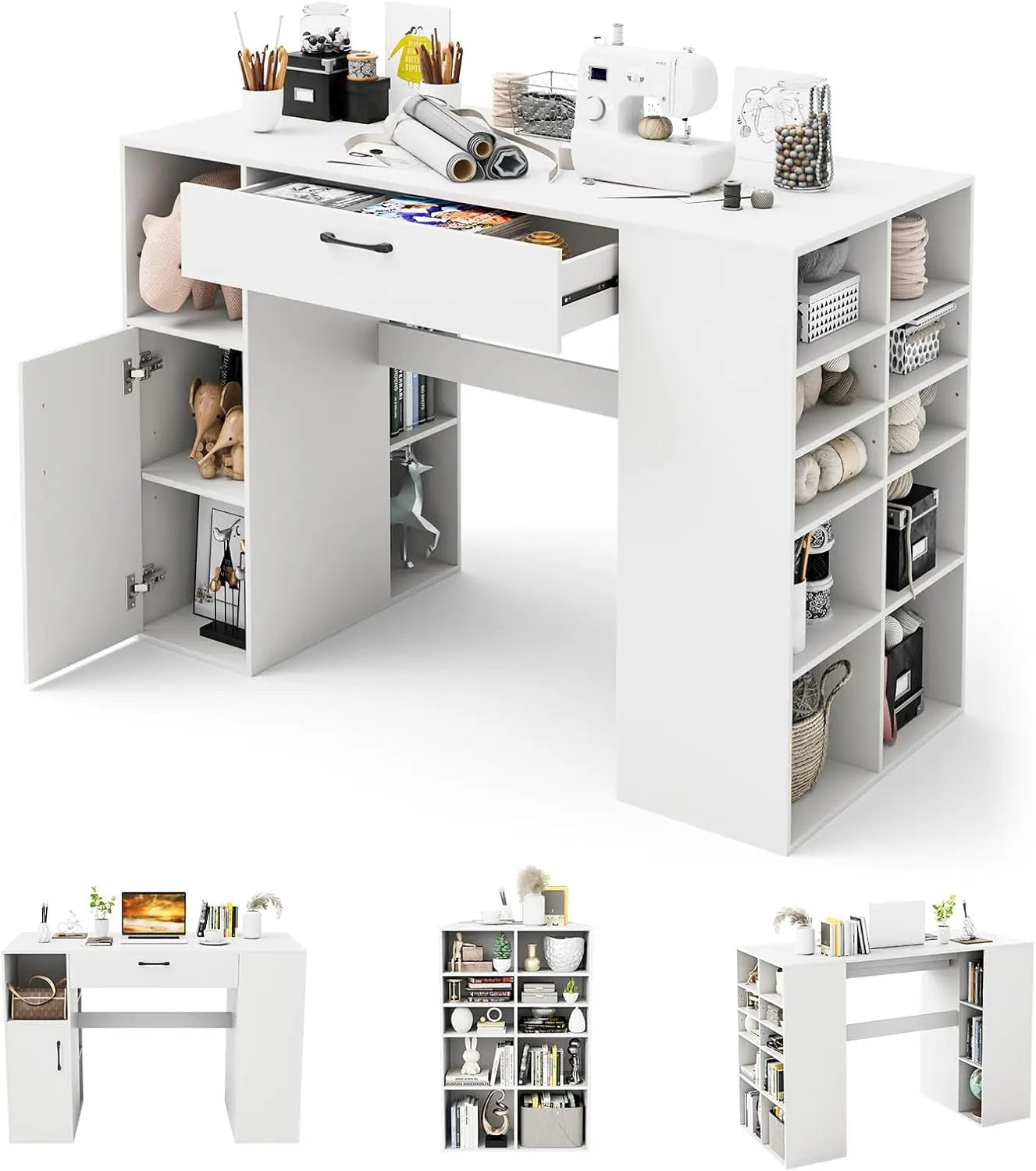 36” Counter Height Sewing Table, 53 Inch Artwork Craft Table with 14 Open Compartments, 3-Position Adjustable Shelf