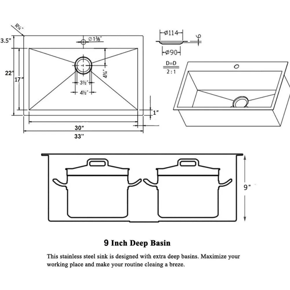 Large 33" Single Bowl Gunmetal Black Farmhouse Kitchen Sink, 33x22 Top Mount Design, 16 Gauge SUS304 Stainless Steel