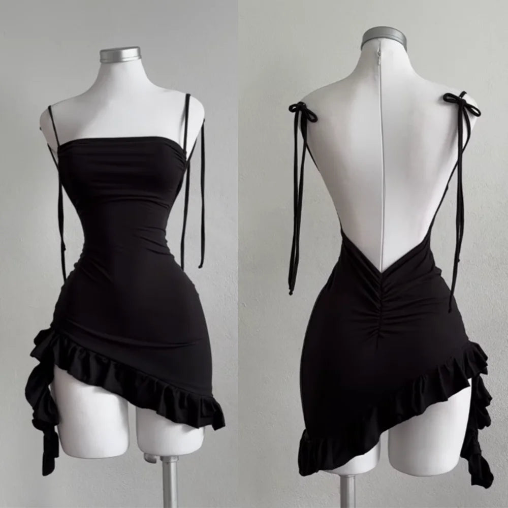 2026 Sexy Sleeveless Backless Mini Dress Women Summer Europe America Lace Up Bodycon Dresses High Street Party Club Black Dress