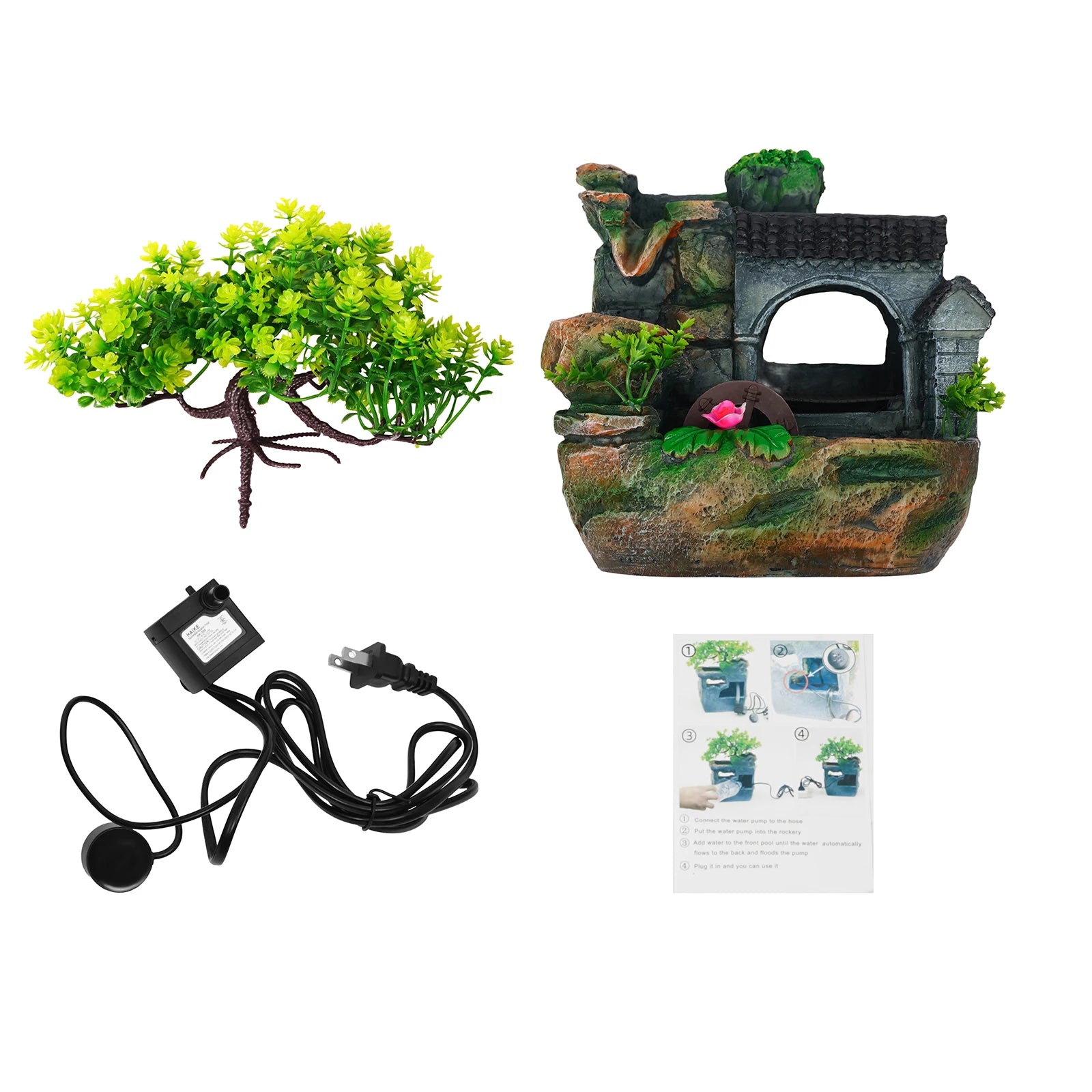 Tabletop Fountain Ornament, Tabletop Fountain, Flowing Water Resin Decor, Imitation Rock Bonsai, Durable Desktop Water Feature, Nature Style, 110V US Plug, Indoor /Office/ Living Room Decoration, Hand-Carved Simulation Plant