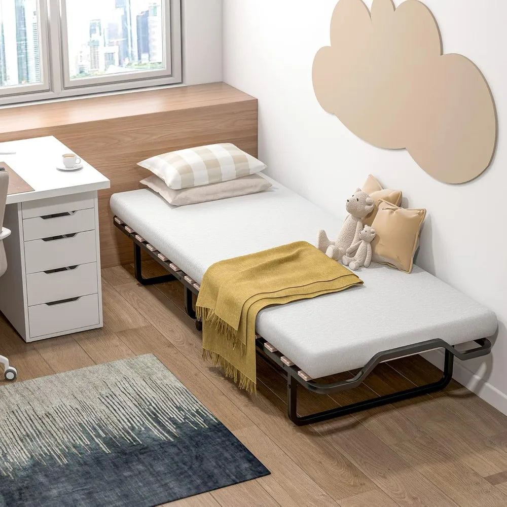 Folding Bed with Mattress for Adults, Cot Size Rollaway Bed for Guest, Portable Foldable Bed w/Memory Foam Mattress & Metal Fra