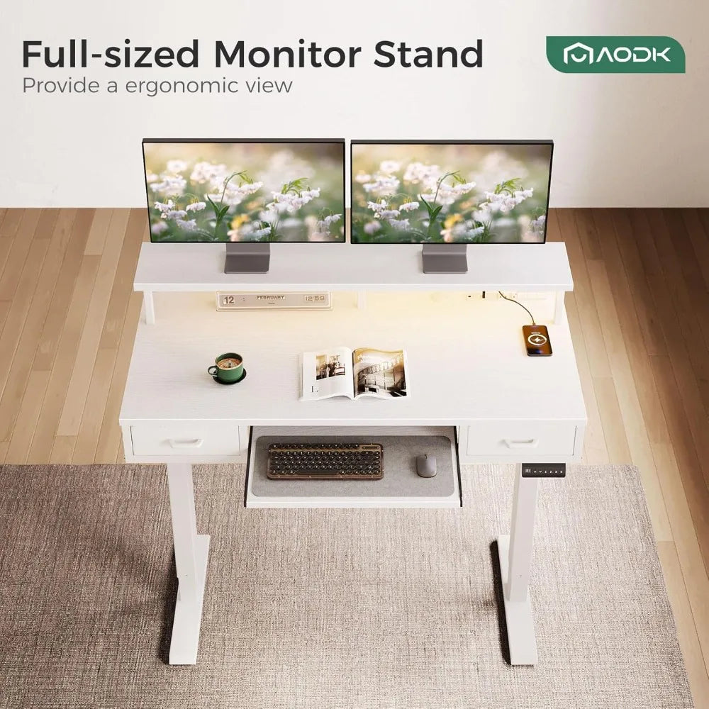 Electric Standing Desk with Drawers & Keyboard Tray, 47 Inch Height Adjustable Small Gaming Desk with Power Outlets & LED Light