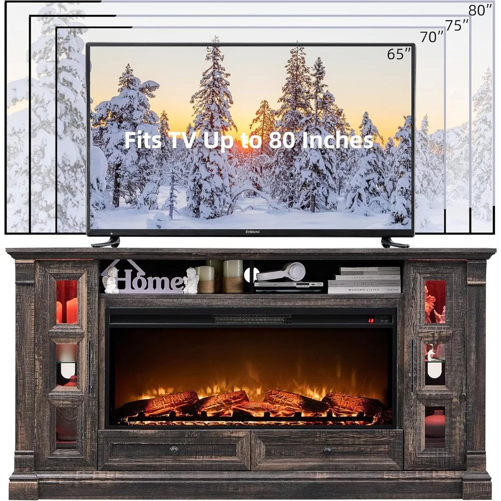 TV Stand with Fireplace for up-to-80" TV, Farmhouse 72" Entertainment Center with 42" Electric Fireplace, TV Console