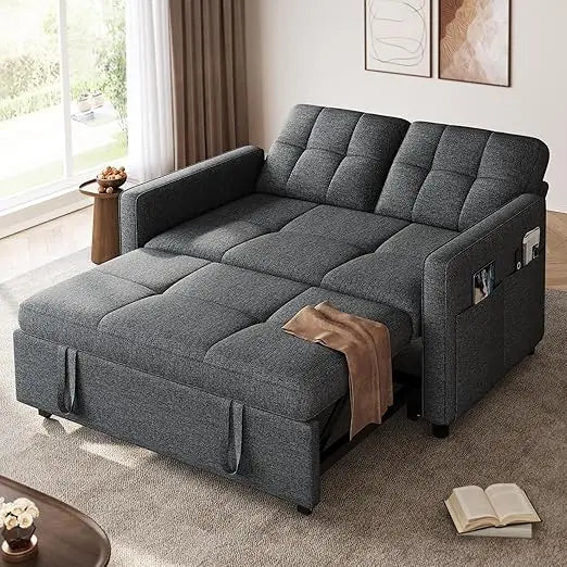 55" Convertible Sofa Bed, 3-in-1 Sleeper Sofa with Pull-Out Bed, Linen Futon Couch with Adjustable Backrest/Side Pocket