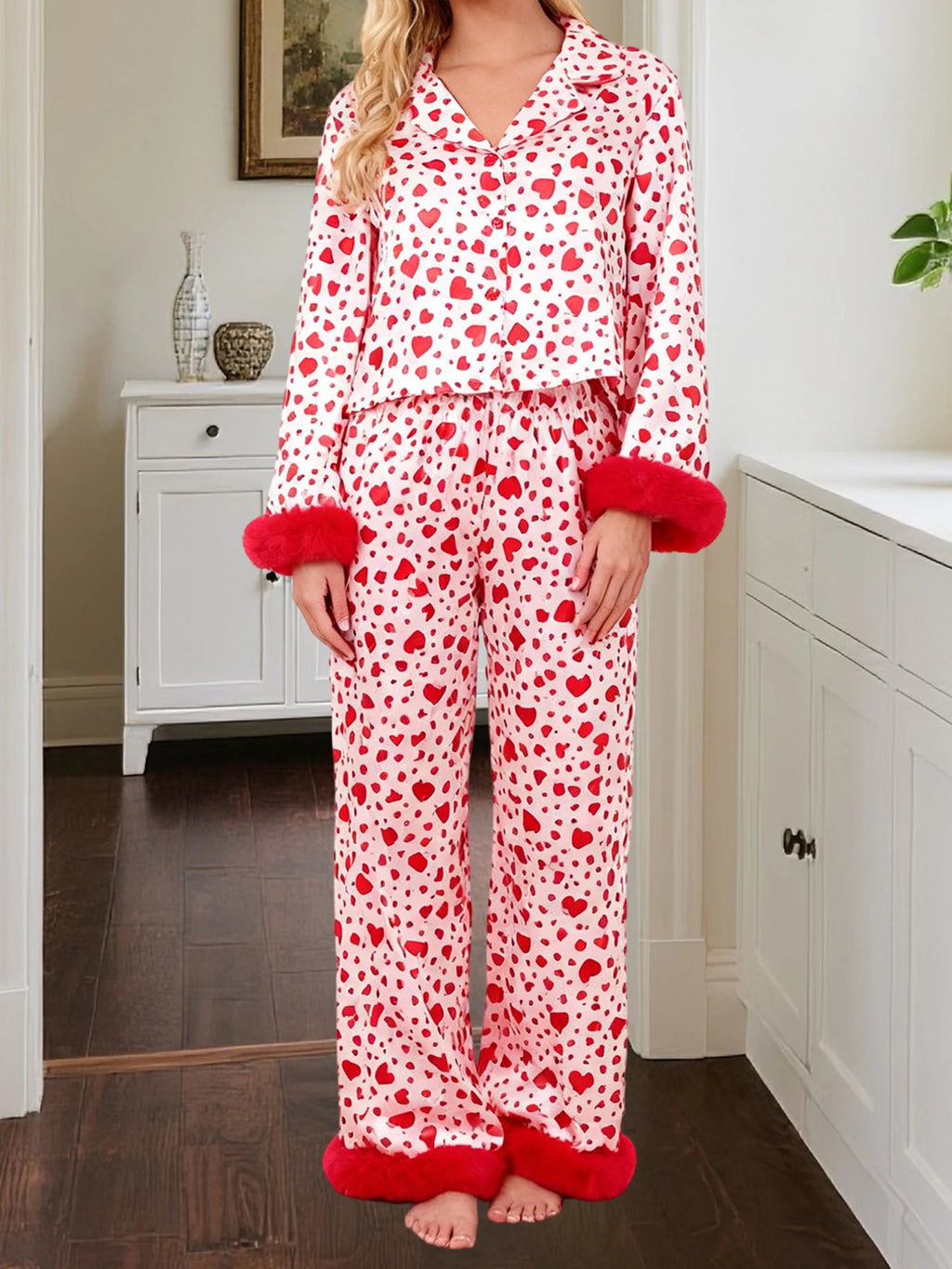 Valentine s Day Women s Pajama Set with Heart Print Long Sleeve Button Up Top and Pants Lounge Wear 2 Piece Set for Comfort