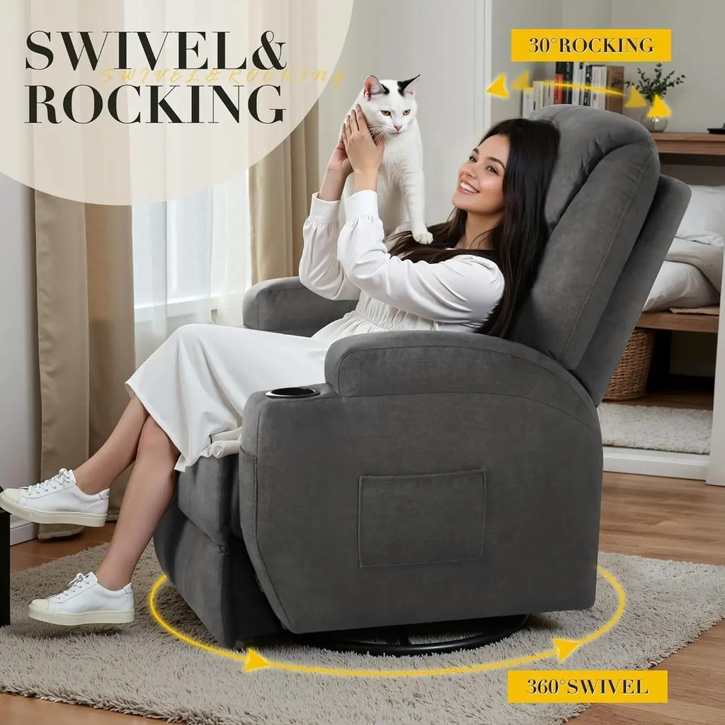 Recliner Chair, 360° Swivel Rocker Chair for Adults, Rocking Recliner Chair with Massage, Comfy with Side Pockets