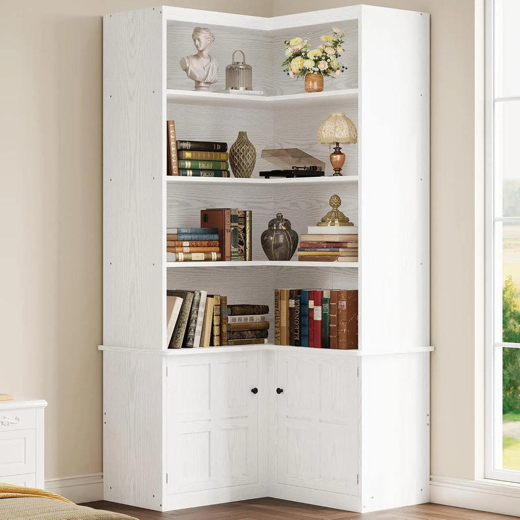 Corner Bookshelf with Doors, 6 Tier Bookcase with Storage, Corner Shelf with Cabinet, Large Tall Bookshelf