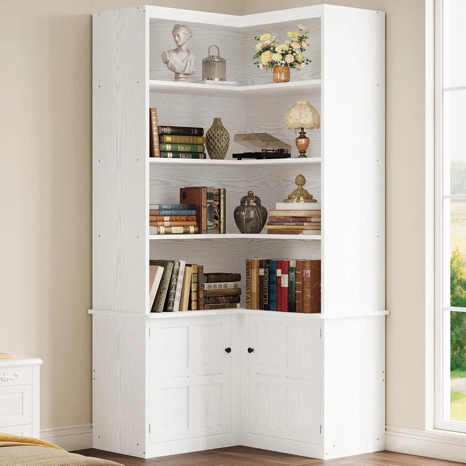 Corner Bookshelf with Doors, 6 Tier Bookcase with Storage, Corner Shelf with Cabinet, Large Tall Bookshelf
