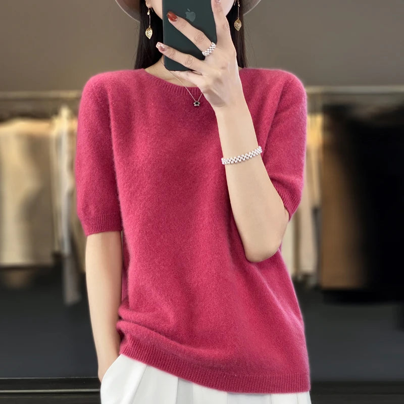 100% Merino Wool Women's O Neck Knitted  Pullover, Short Sleeve Sweater, Women's Basic Solid Color/ Half Sleeve