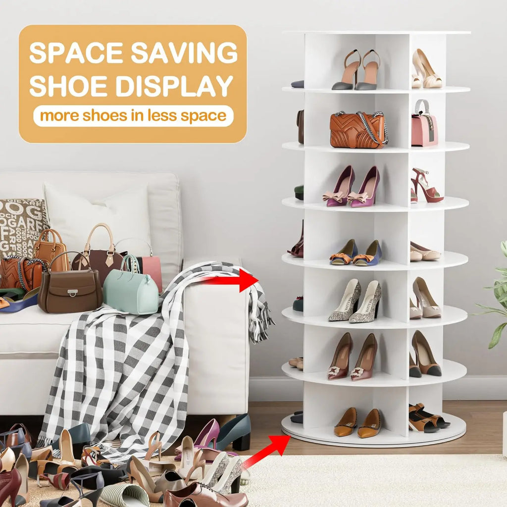 Rotating Shoe Rack Tower 7 Tier Organizer, Vertical Spinning Shoe Display/ Lazy Susan, Revolving 360 White Shoe Rack Storage