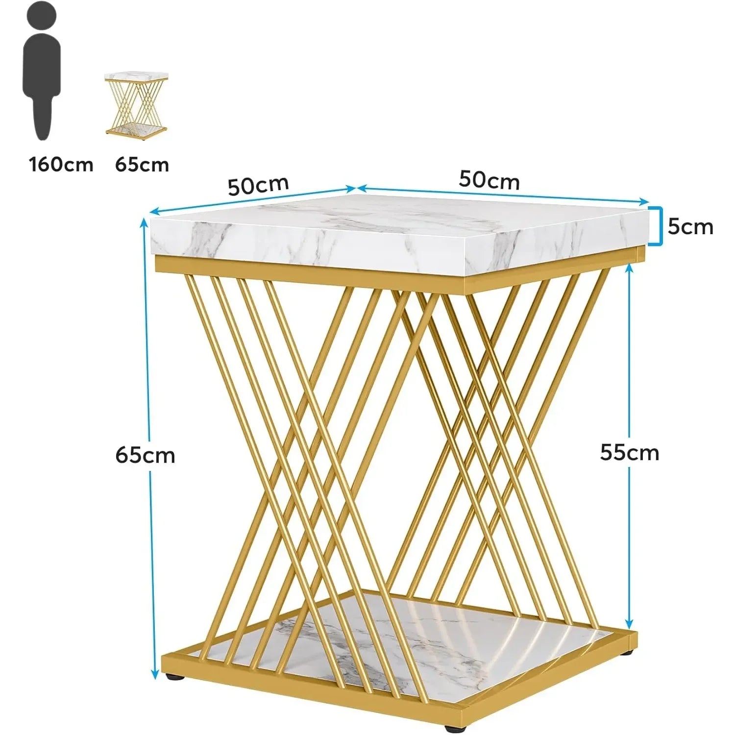 Square End Table White Gold 2-Tier Side Table Modern Small Table with Storage for Couch, Faux Marble White +Gold