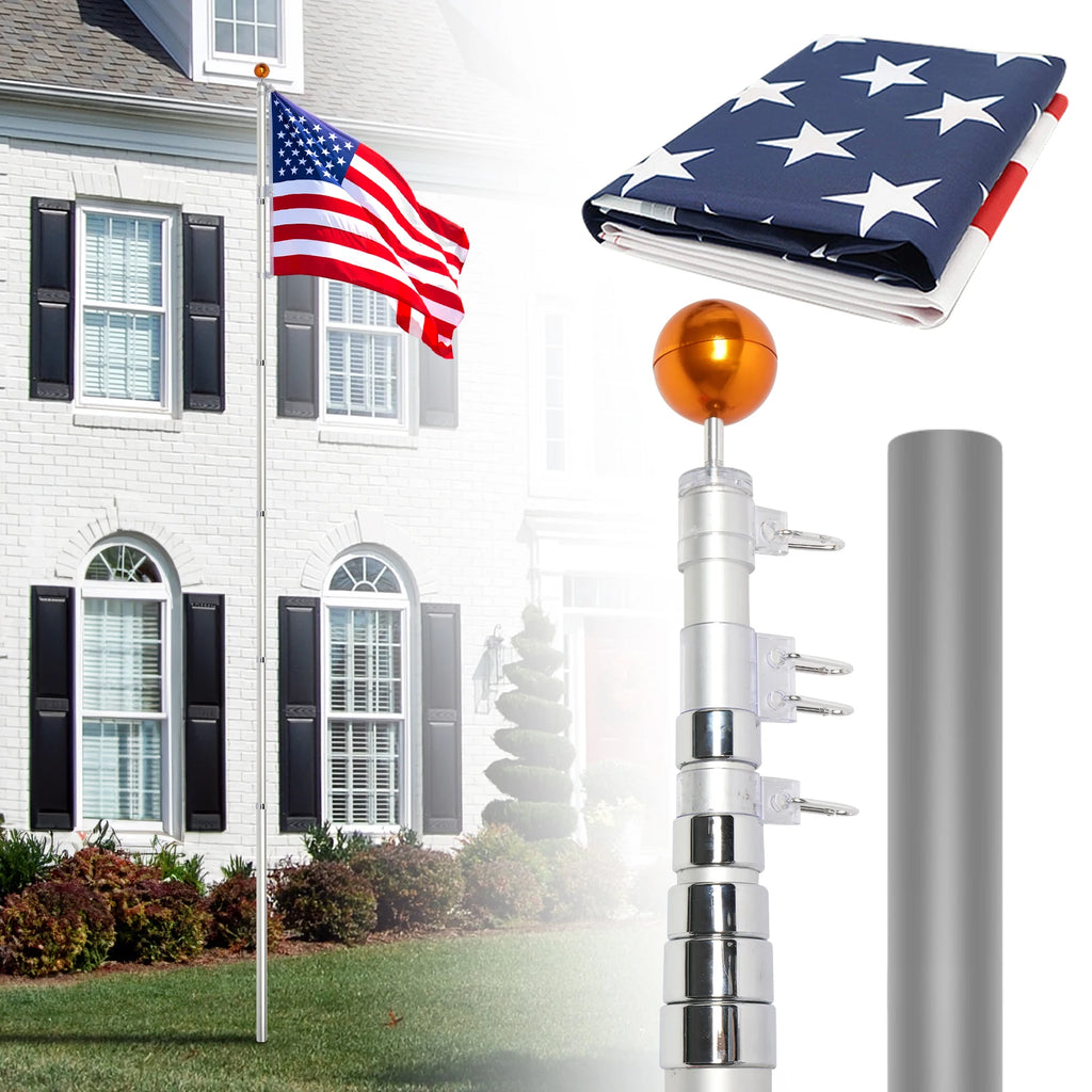 Telescopic Flag Pole Kit, 20FT Height Adjustable/ Heavy Duty Aluminum Flagpoles with 5x3 US Flag & Golden Ball Topper for Yard/ House Ground Residential Commercial