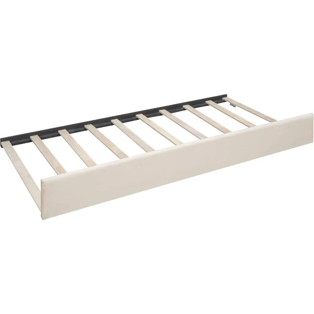 Beige Daybed Full Size with Trundle and Wood Slat Support, No Box Spring Needed