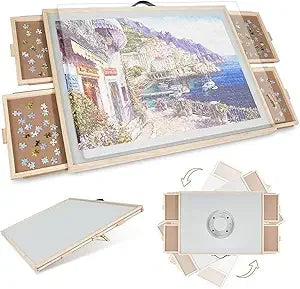 JIG 2000 Pieces 2-in-1 Tilting & Rotating Puzzle Board for Adults Gifts, Wooden Jigsaw Puzzle Table with 4 Drawers